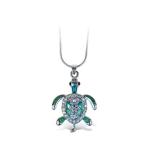 Green Sea Turtle Necklace Silver Chain Jewelry with Rhinestone Pendant For