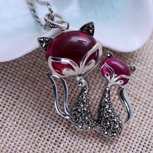 Wholesale Women Sterling Silver Marcasite Synthetic Ruby Double Fox Retro Necklace(XH057430) from china suppliers