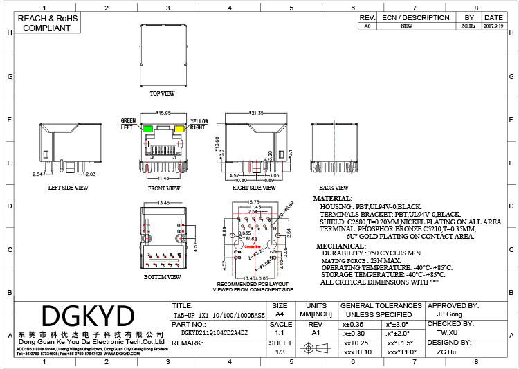 DGKYD211Q104CD2A4DZ Gigabit Single Port Cat6 Ethernet Connector LED 10P8C RJ45 Modular Jack Pcb Jack