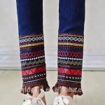 Embroidery Tassel Leg Stretch Denim Jeans For Ladies Dark Blue Color