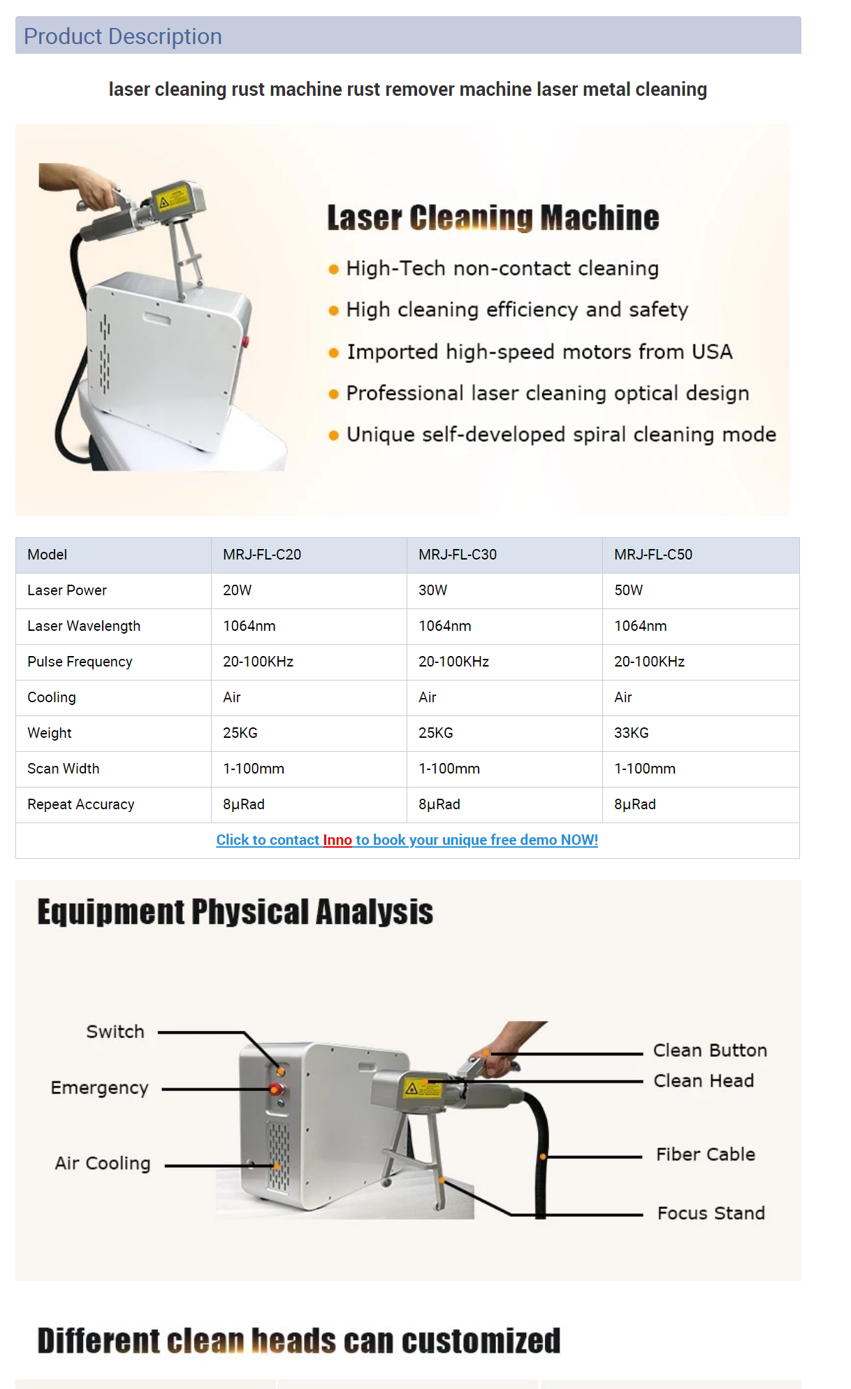 Rust Paint Oil Metal Aluminum Surface Car Wood Laser Cleaning Machine Handheld 50W 100W 200W Stainless Steel Applicable