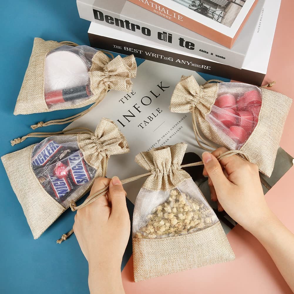 Lightweight Durable Burlap Sheer Bags Drawstring Gift Bag Jewelry Pouches for Candy Wedding Party Favor
