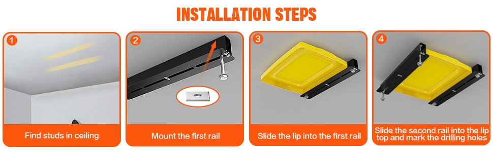Adjustable Width Overheard Tote Storage Rail System for Garage Ceiling Bin Storage Rack