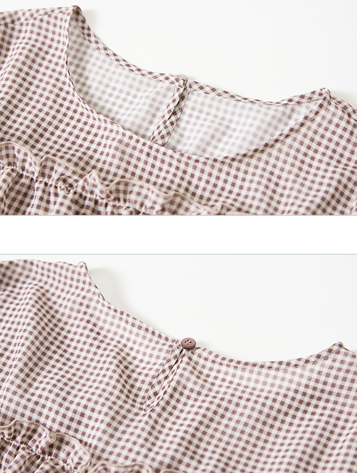 Ladies Short Sleeve Plaid Blouse With Ruffle
