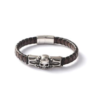 Wholesale Skeleton Skull Brown Black Leather Creative Personality Stainless Steel Casting Trendy Leather Bracelet European and American Punk Skull Fashion from china suppliers