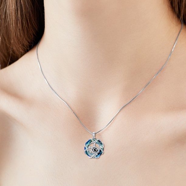 Valentine's Day Gifts S925 Sterling Silver Sea Turtle Pendant Necklace with Blue Crystal for Women