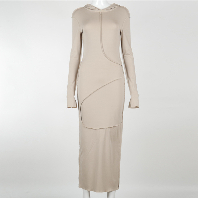 Casual Slim Fit Anti Wear Long Sleeve Hooded Maxi Dress For Fall Winter