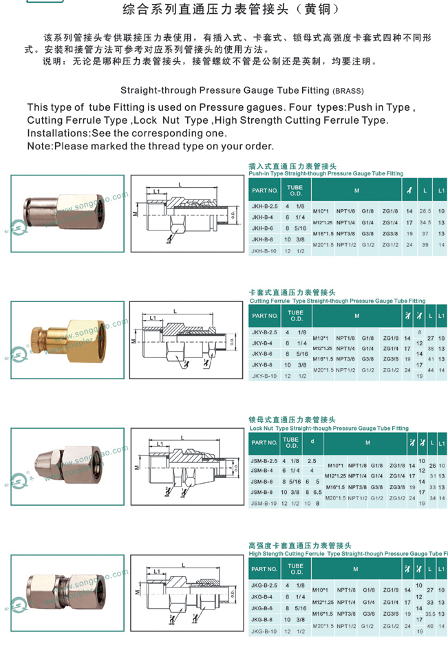 Pressure Gauge Pneumatic Connectors Fittings Straight - Through In Brass Nickle Plated