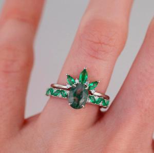 Wholesale Moss Agate Emerald Ring Set , Anniversary Jewelry Gift Promise Wedding Ring from china suppliers