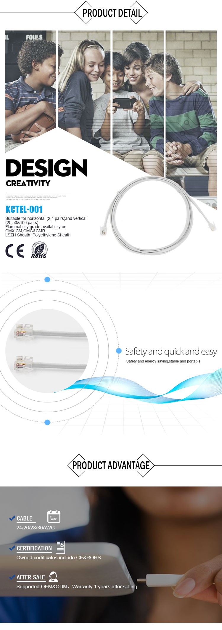 Customized Telephone Line Cable Landline Phone Cord With 4M 13Ft Length