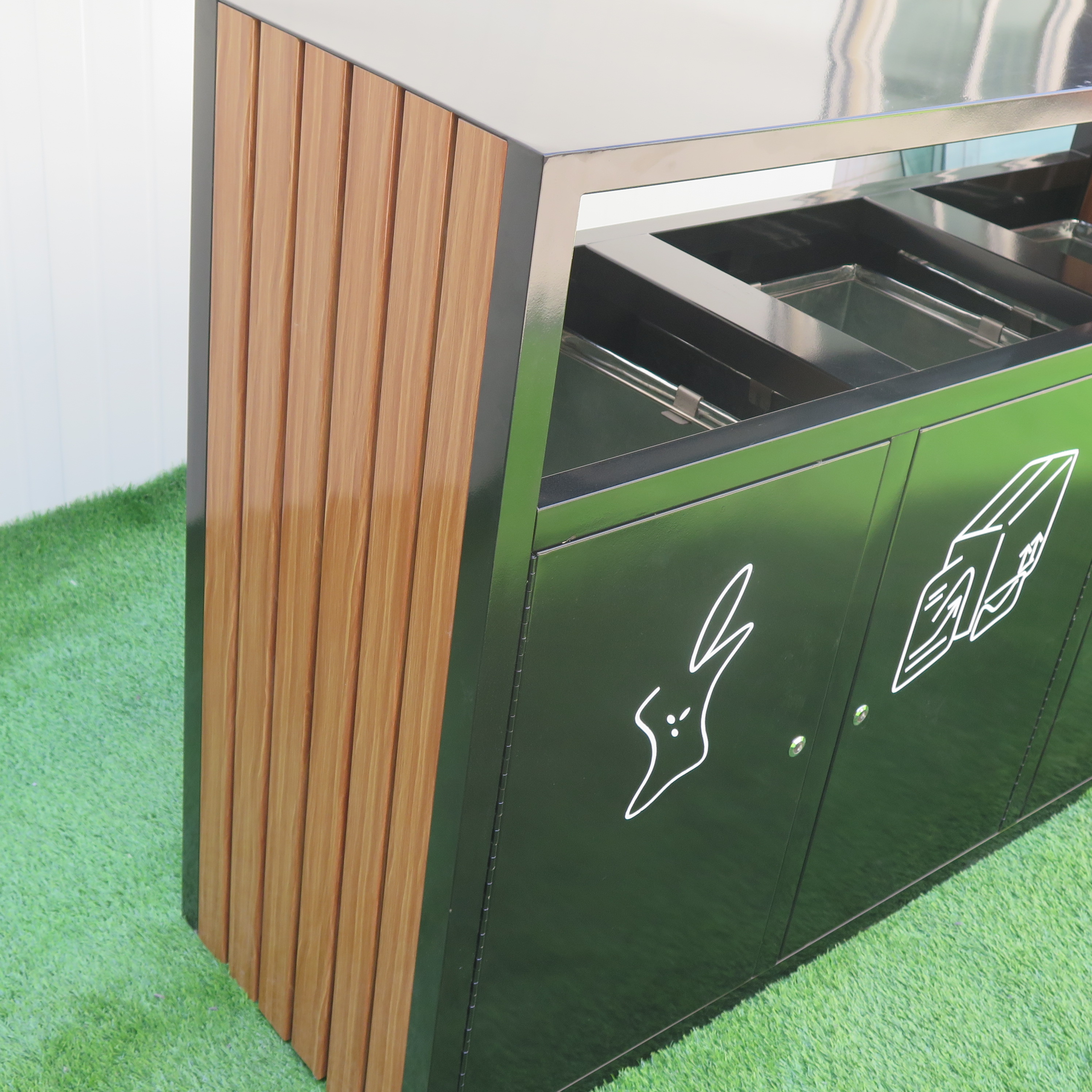 3 Compartment Recycling Bin Pation Furniture Outdoor Metal Wood Waste bin Supplier Steel Trash Can Wholesale