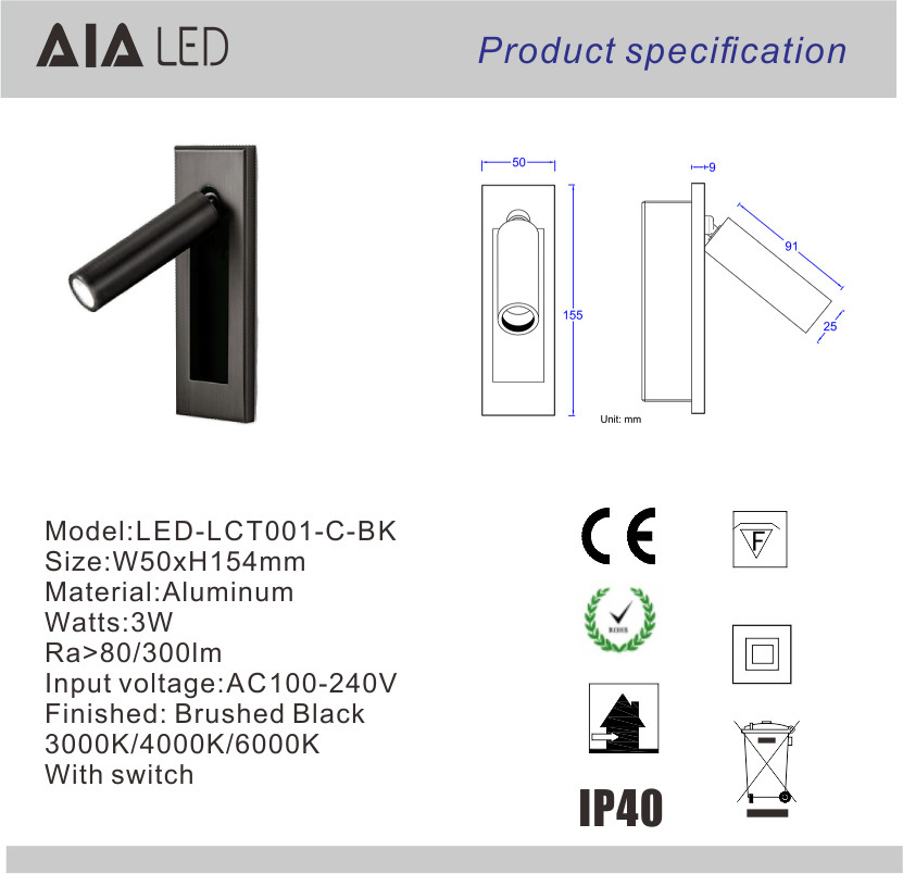 Contemporary embedded mounted Gold Brushed led wall lamps 3W led wall light led reading bedside wall light