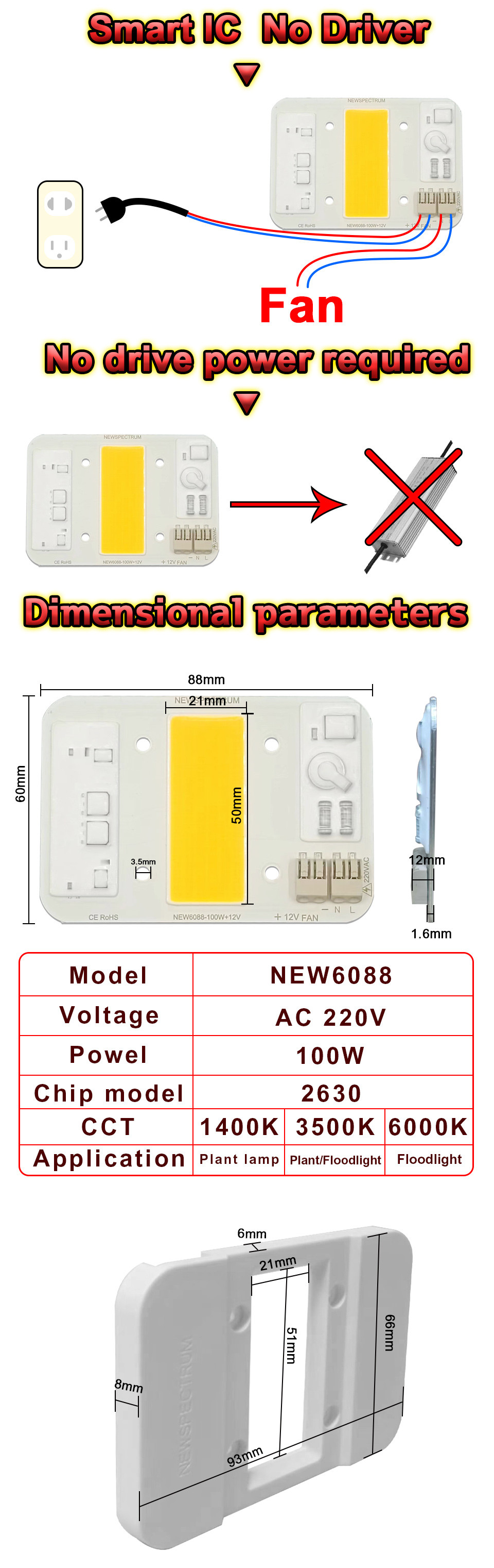 100W High Power LED COB Chip Aluminum Material AC85-265V Input Voltage