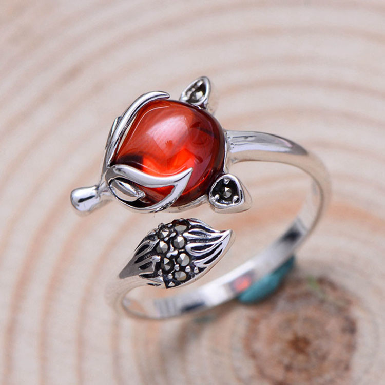 Adjustable Size Animal Style Garnet Retro Thai 925 Silver Ring(056625)