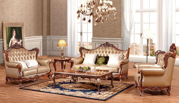 New French style picture leather and wood sofa furniture antique classic sofa