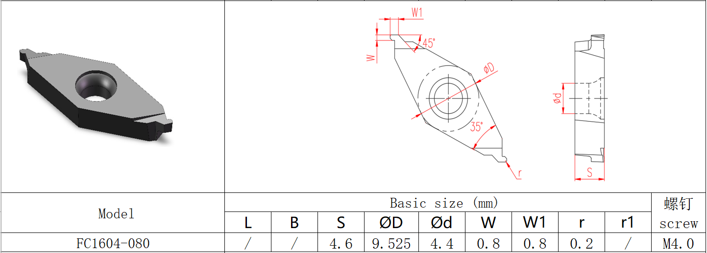 CNC Non-Standard Grooving, PVD Coating HYB208, Model FC1604-080, suitable for difficult-to-machine materials except high-temperature alloys