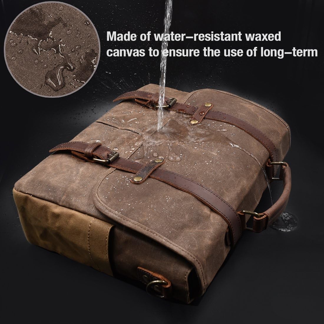 15.6 Inch Waterproof Vintage Genuine Leather Waxed Canvas Briefcase Large Leather Computer Laptop Bag Rugged Satchel
