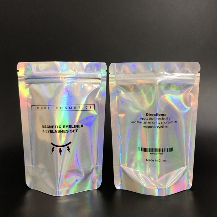 Custom logo zipper glittery silver shinny hologram zip lock gift plastic iridescent packaging bag