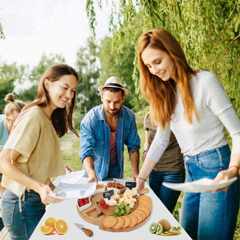 Natural Removable Snack Ceramic Server Bowls with Round Bamboo Cheese Board 33X33X5CM