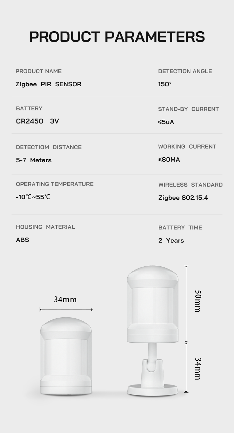 Movimiento 10m Smart Alarm Sensor Zigbee Pir Sensor For Human Detection