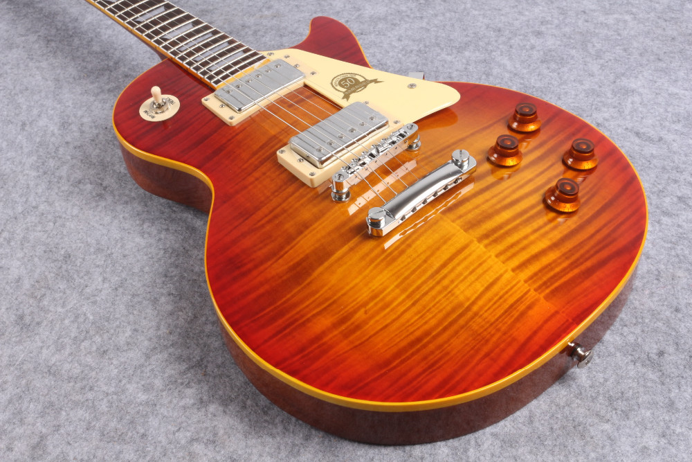 Custom 50th Anniversary LP Reissue electric guitar,Aged Vintage Cherry Sunburst tiger flame musical guitar free shipping