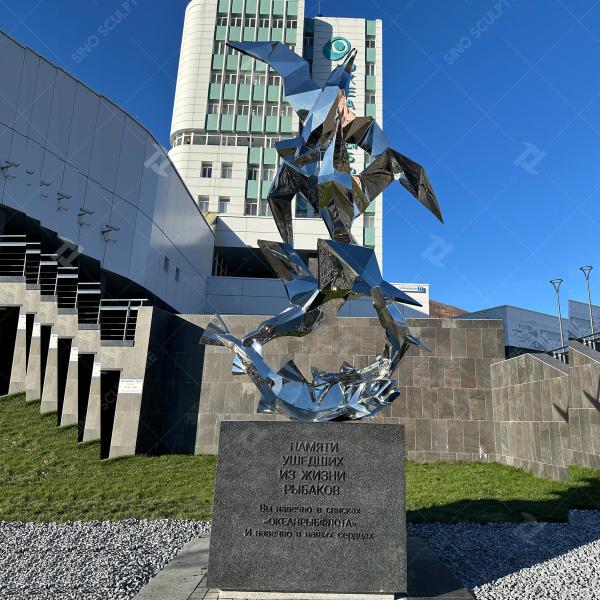Mirror Polished Stainless Steel Monument Sculpture Flying seagull and fish