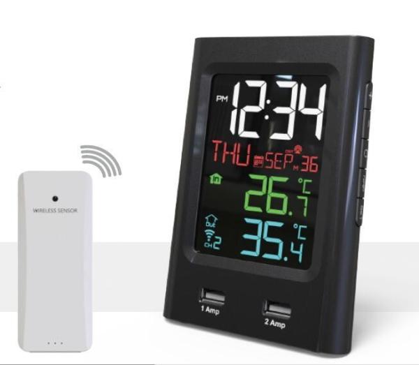 Dual USB Charging Clock Thermometer And Hygrometer For Indoor Outdoor Temperatur