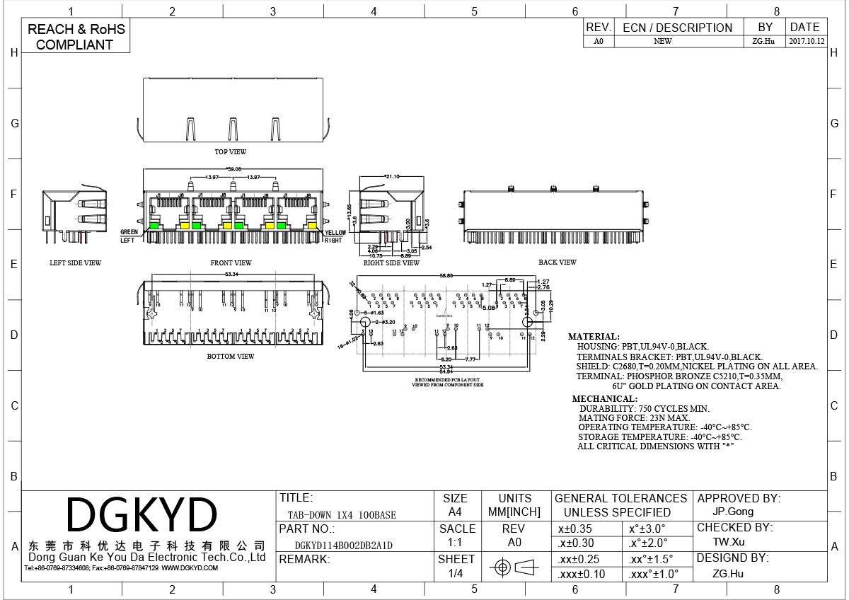 RJ45 Connector 1X4 100Mbps Ethernet Socket With Light And Shielded Ethernet Interface DGKYD114B002DB2A1D