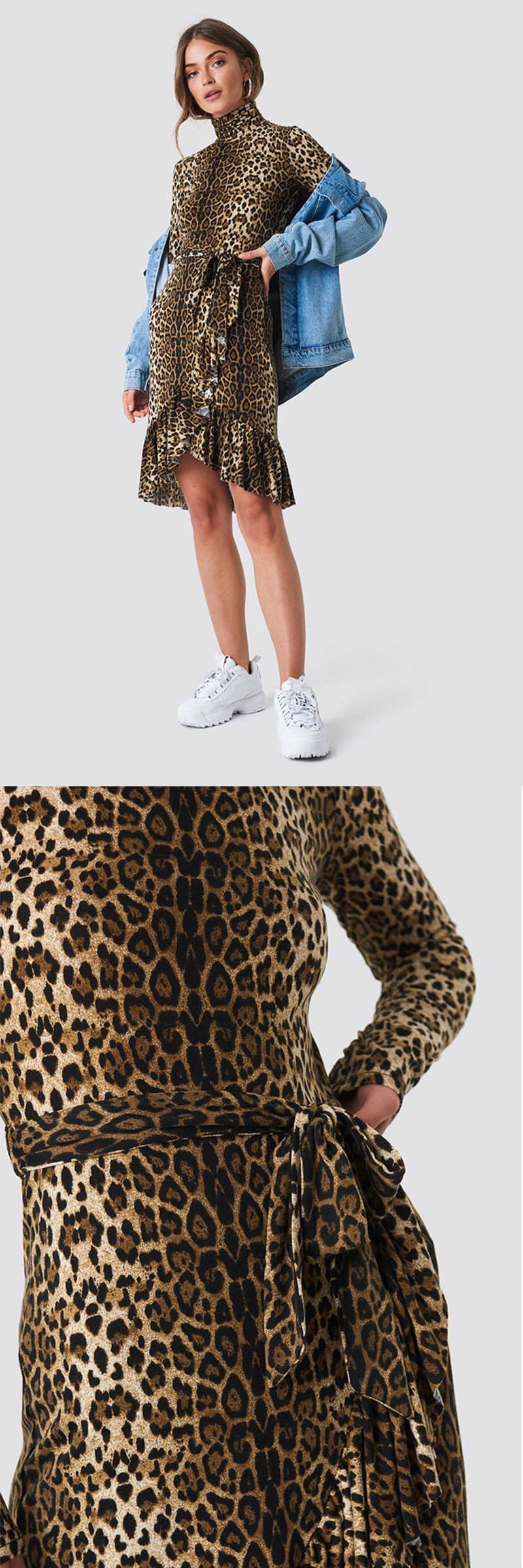 Autumn Fashion Women Long Sleeve And High Neck Leo Polo Dress Brown