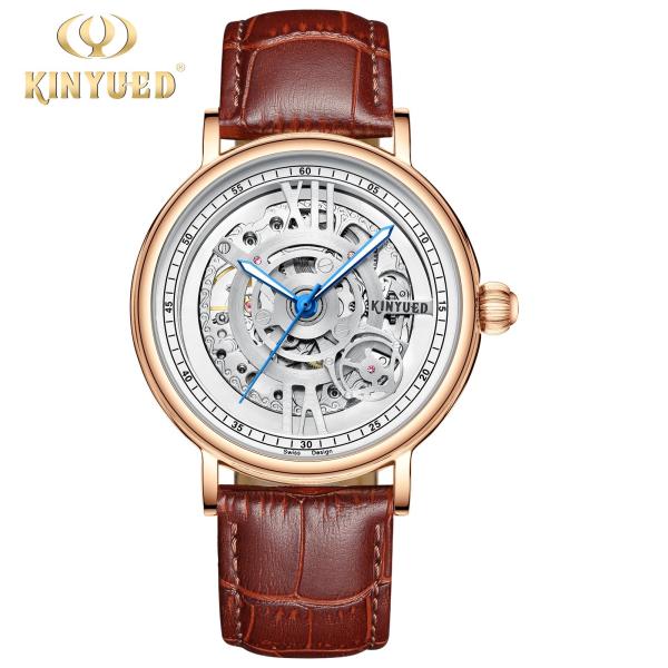 KINYUED J069 skeleton luxury leather waterproof oem brand hands wristwatches