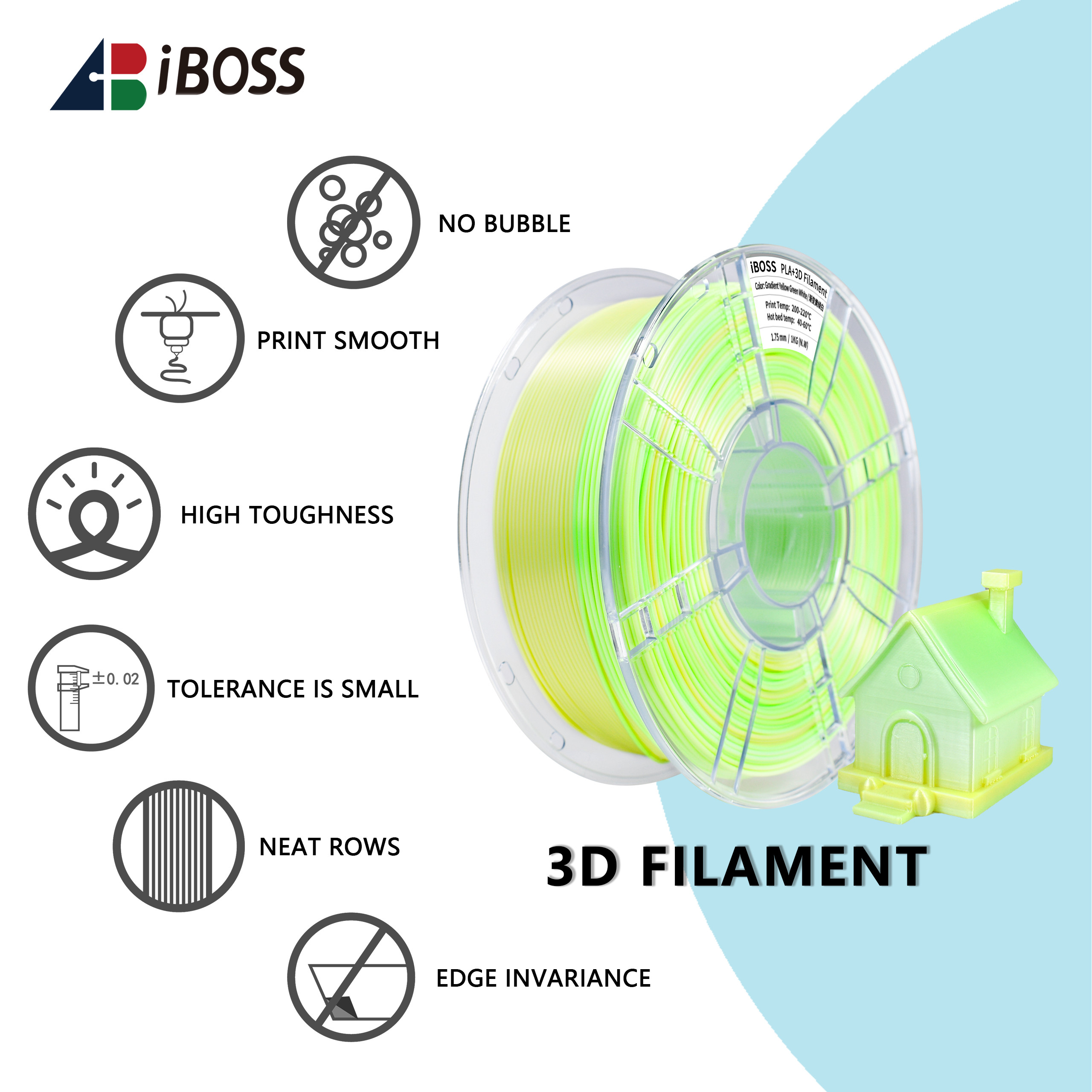 iBOSS High Toughness 3D Printing Filament Yellow Green White PLA+ 1kg Filament 3d Printed