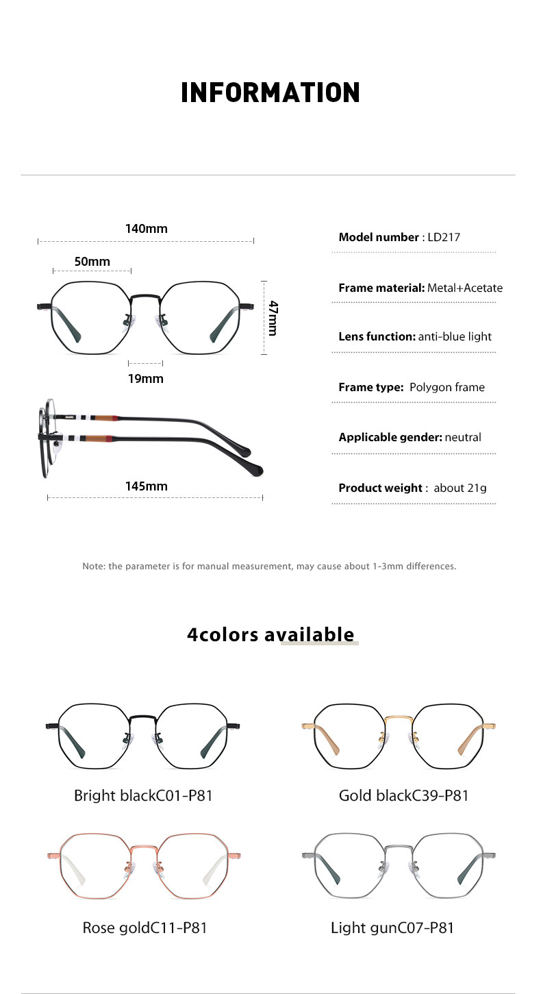Polygon Acetate Metal Glasses With Anti Glare For Computer Men