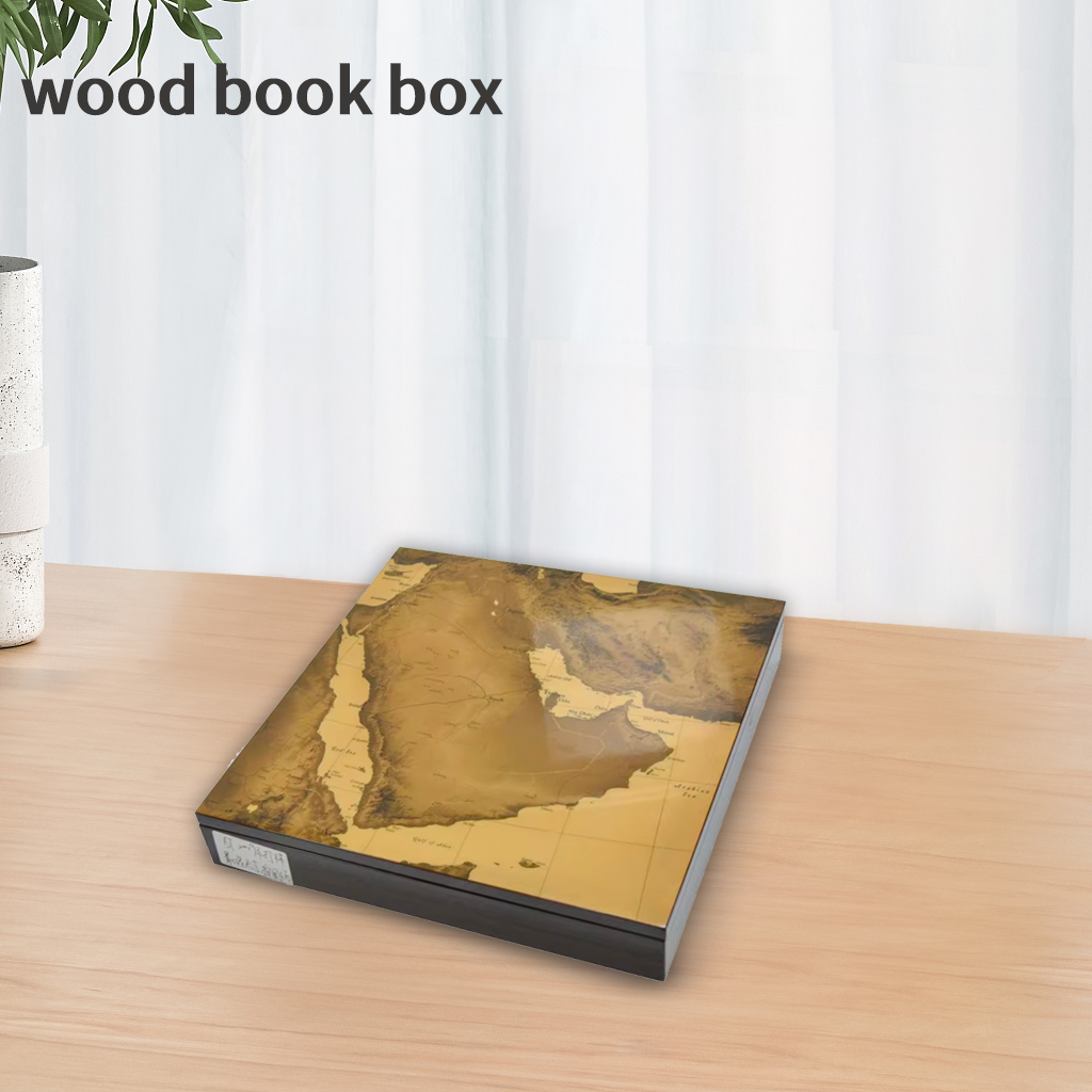 Fine Quality Dark Wood Book Box with Laser Engraved Logo and Embossed Features for Decor