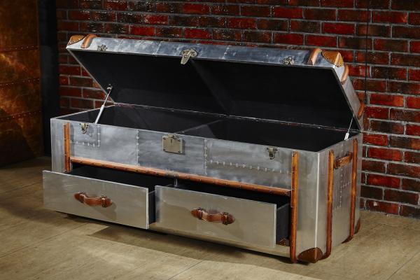 Retro Vintage Leather Storage Trunk Aluminium Sheet Lifted Cover 2 Drawers For