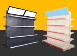 Customized Size Metal Supermarket Display Shelving With Advertising Board