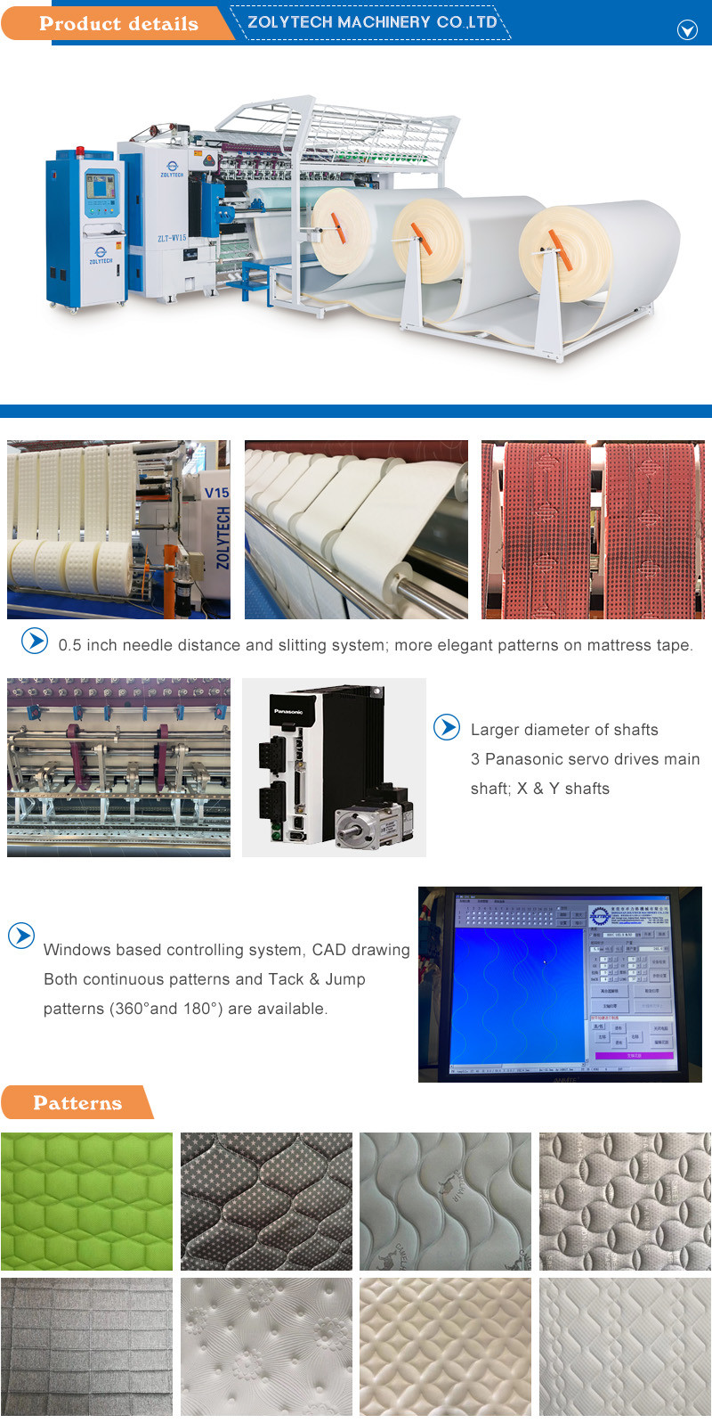 WV15 1500rpm computerized quilting machine chain stitch for quilts ZOLYTECH mattress machinery