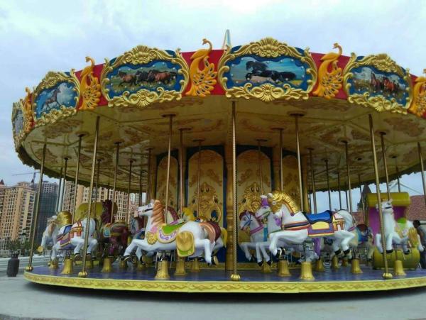 5.5KW All Ages Amusement Park Equipment Fiberglass Stainless Steel Carousel