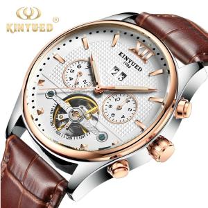 Wholesale KINYUED Fashion Tourbillon Automatic Movement Mens Automatic Mechanical Watch Genuine Leather Wristwatch from china suppliers