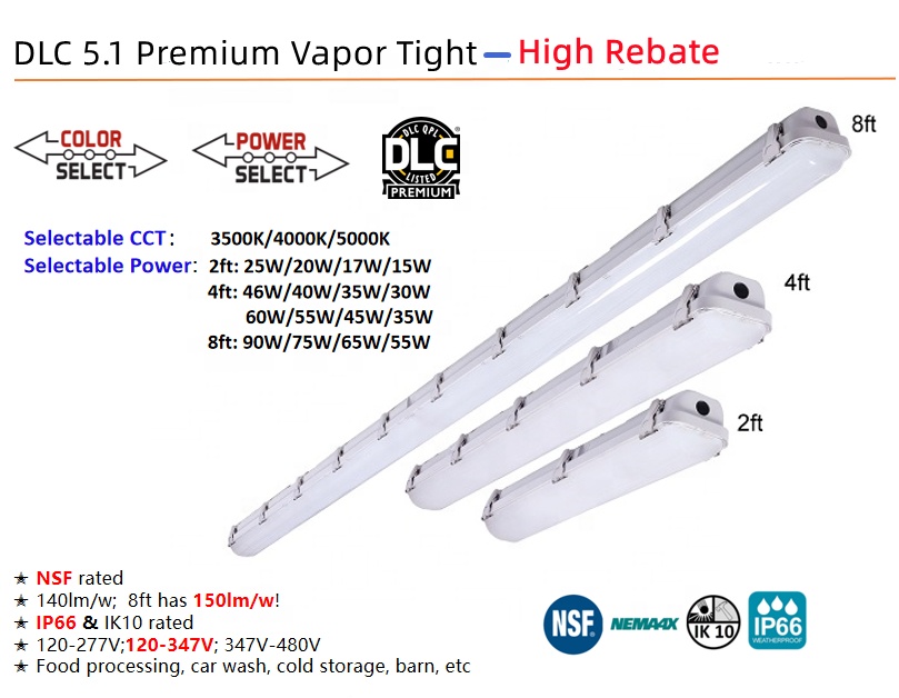ETL DLC Listed LED Vapor Tight Light 4FT 46W 38W 30W for Warehouse Tri-proof Fixtures