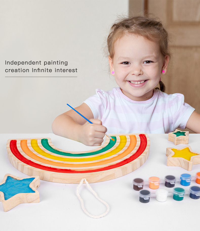 Wooden Rainbow Five Pointed Star Baby Developmental Toys Wall Hanging Graffiti Blocks