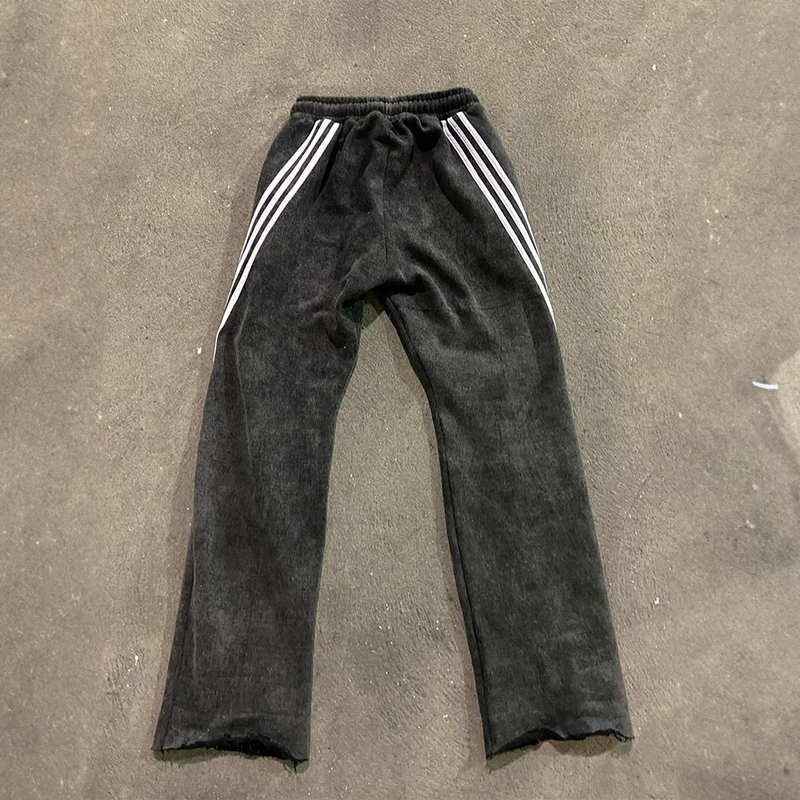 Custom Heavyweight Cotton Stacked Pants Striped Mens Wide Leg Acid Wash Applique Embroidery Patches Sweatpants With Stripe