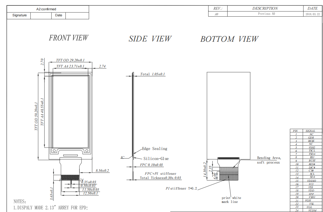 Custom 2.13 Inch 104x212 IPS Mono E Ink LCD Screen Sunlight Readable