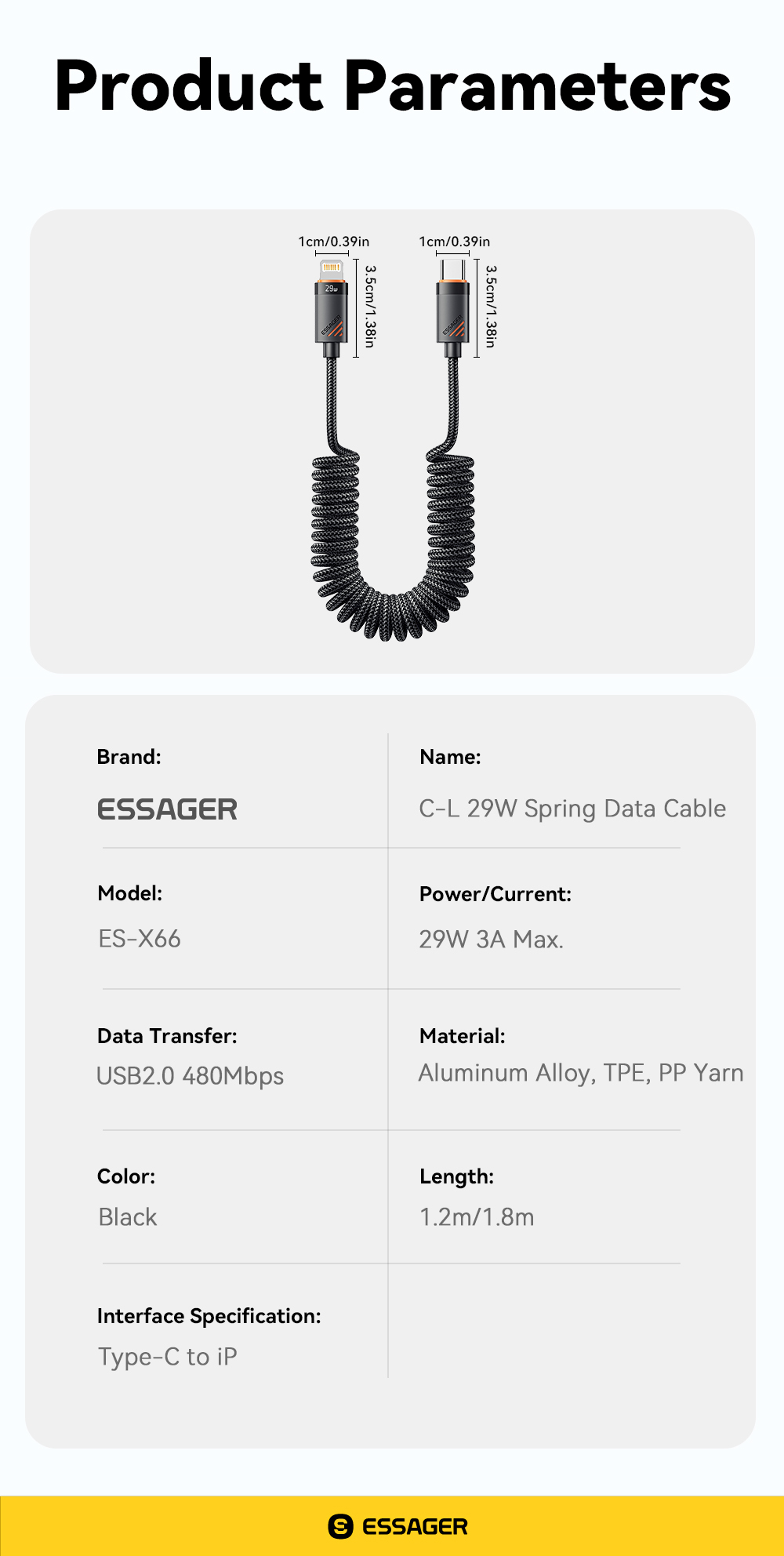 ESSAGER ES-X66 Spring Style 29W USB-C to Lighting Charging Cable Cord