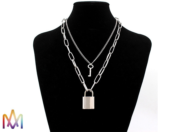 Hiphop Double Layer Key Lock Engraved Mens Chain Necklace