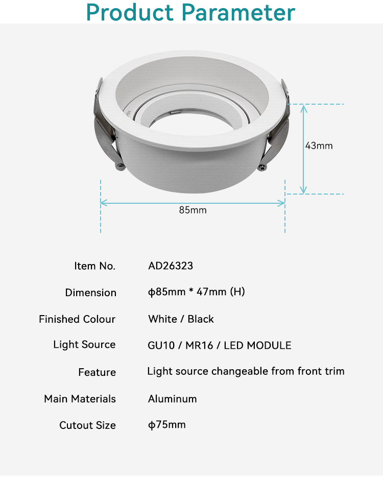 Commercial Recessed Spotlight Frame 75mm Cut-Out GU10/MR16 Aluminum Anti-Glare Design