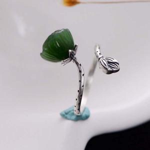 Wholesale Sterling 925 Silver Sculptured Lotus Flower Natural Jade Gemstone Ring (060006) from china suppliers