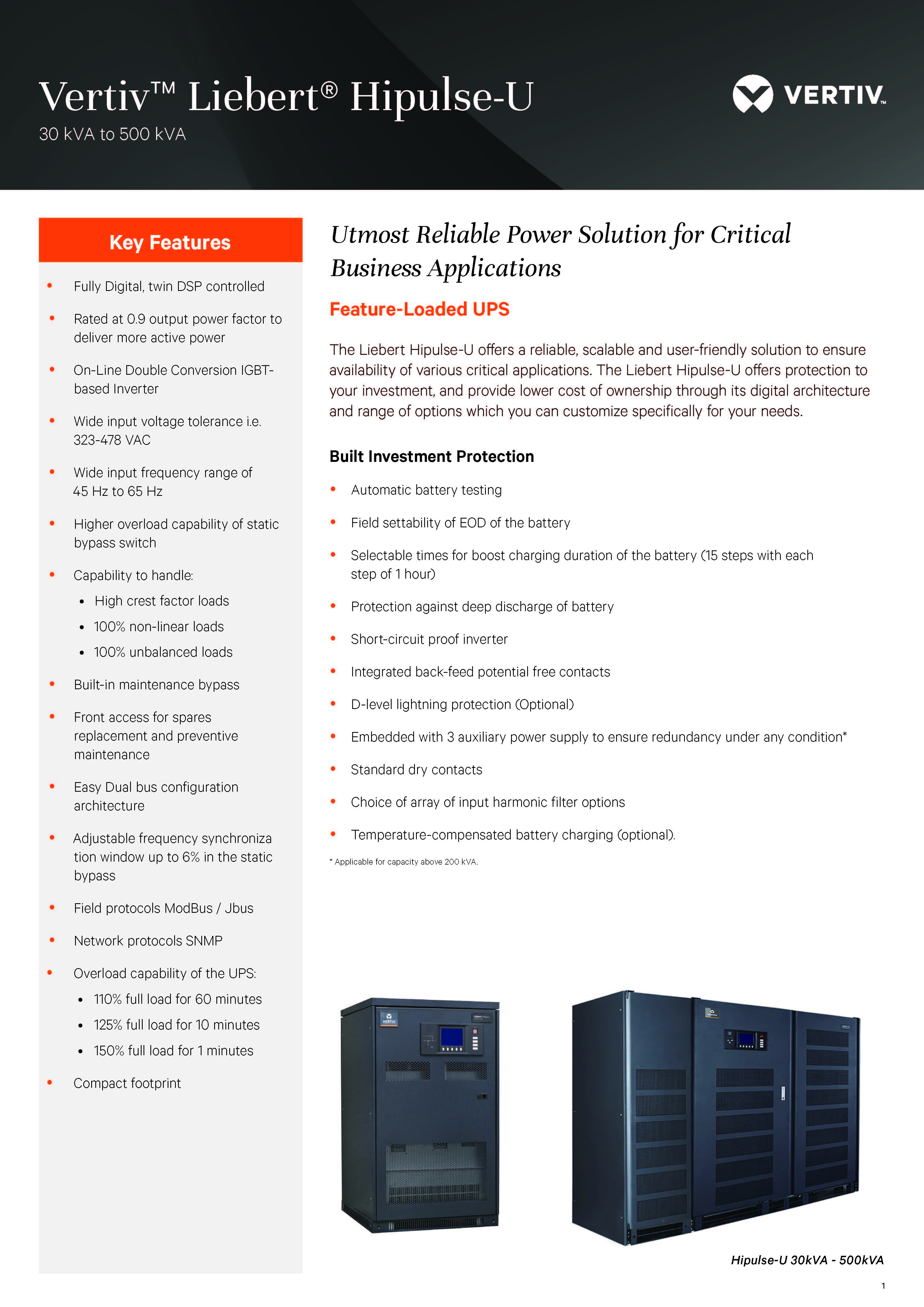 Pure Sine Wave 160KVA 200KVA 300KVA 400V THREE PHRASE Vertiv Hipulse U UPS for Data Center