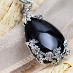 Vintage Jewelry 925 Silver Marcasite Drop Black Agate Pendant Necklace 18 Inches