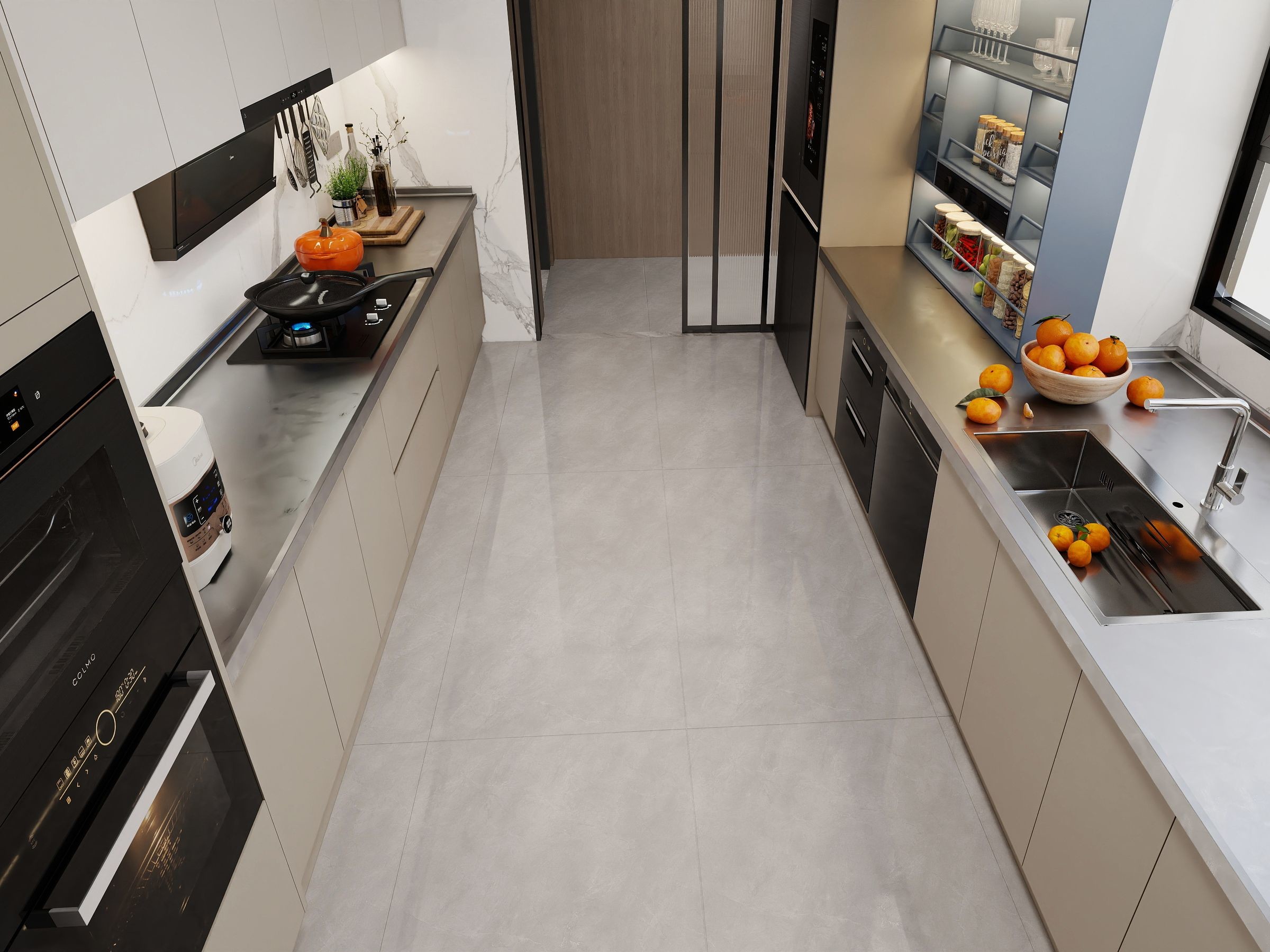 Off-White Stainless Steel U-Shaped Kitchen Cabinet With Seamlessly Integrated Design