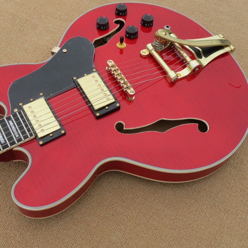 2017 hollow body electric guitar quilt flame on body top and back ,Natural wood color,gold hardware